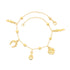 Introducing the Mega Lucky Charm Anklet Bracelet, crafted with 14k gold-filled material. This anklet features a variety of symbolic charms such as a figa hand, horseshoe, money bag, clover, and lucky chili for spiritual protection. It is designed with a delicate chain adorned with small gold beads and secured by a reliable lobster clasp closure.
